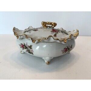 Vintage Betson's Of Japan Mose Rose Trinket Dish/ Bowl Gold Ruffled  7.3/4" x 6"